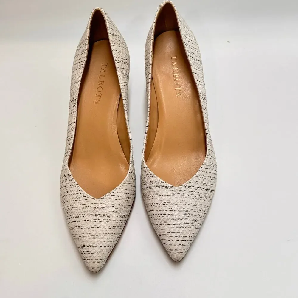 Talbots Women's Size 7 Textured Pointed Toe Pumps Ivory Tweed Kitten Heels
